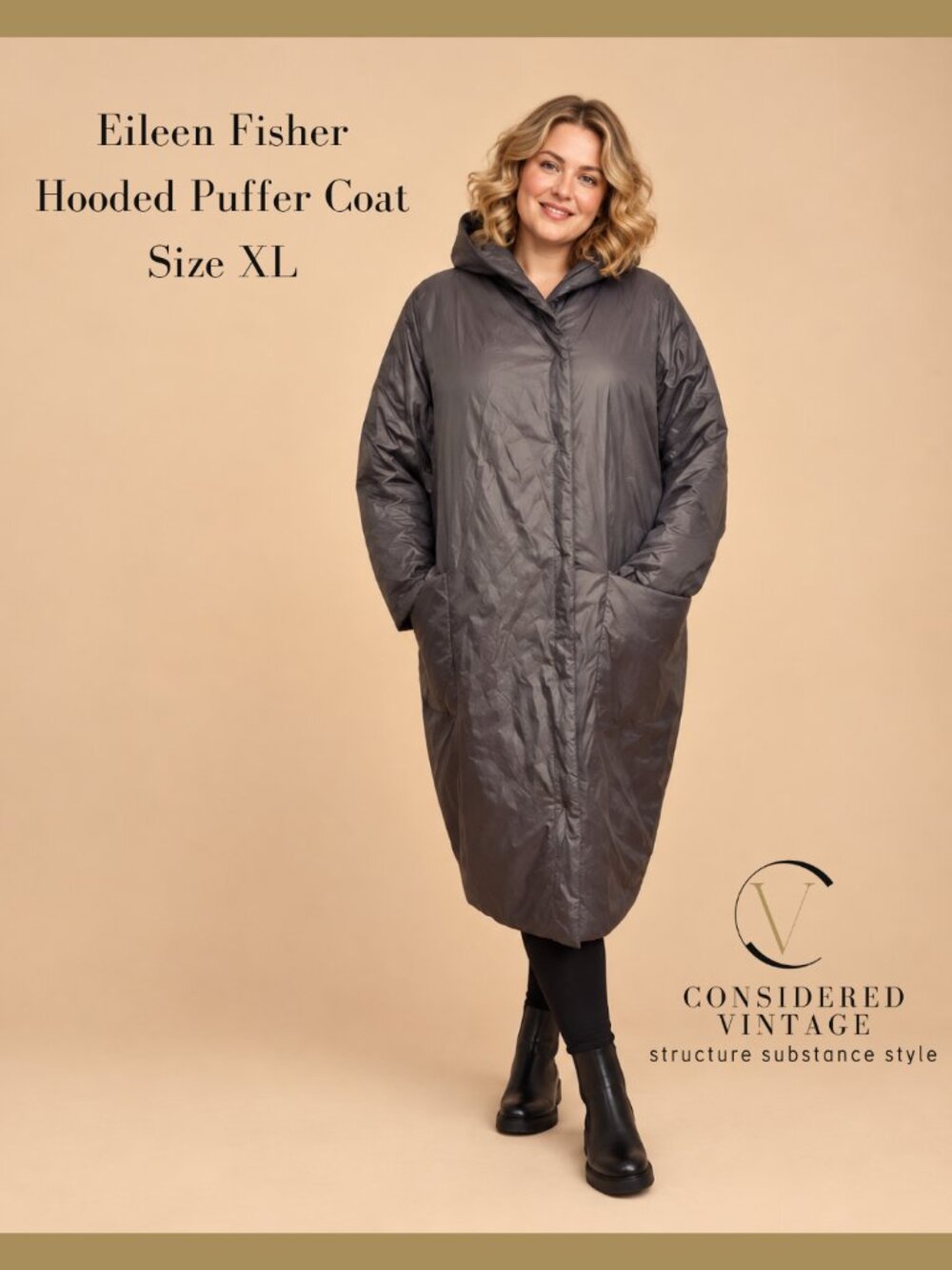 ✨ EILEEN FISHER Eggshell Recycled Nylon Hooded Puffer Coat XL ✨